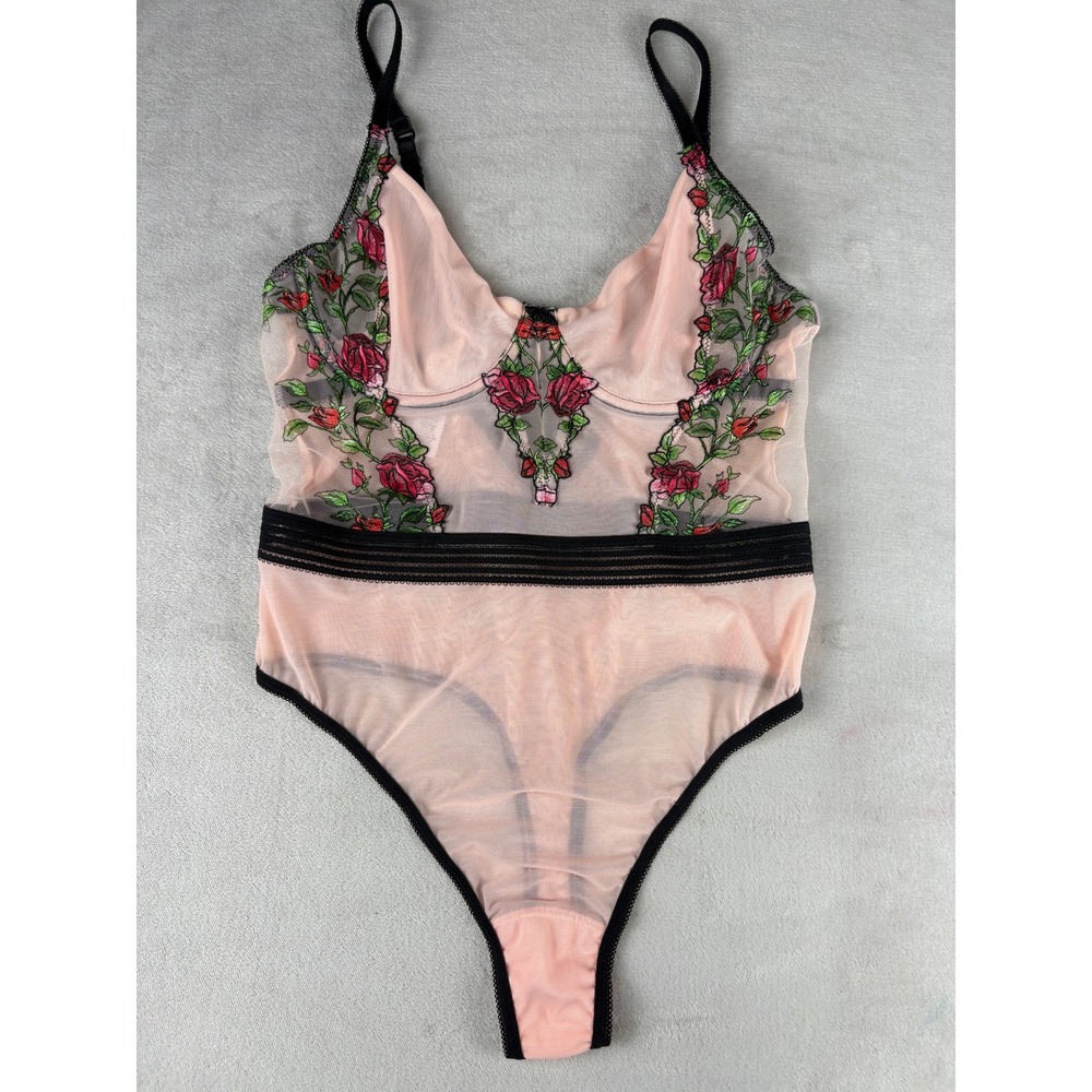 Hanky Panky Pink Sheer Mesh Rose Embroidered Bodysuit Lingerie Medium